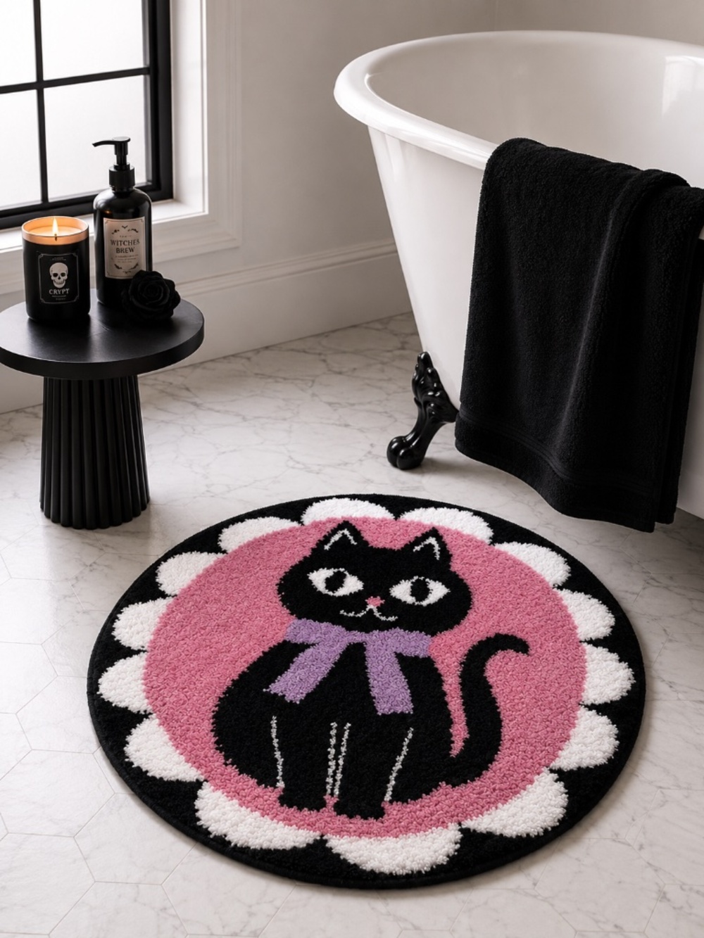 Spell Bound Black Cat Bath Rug Pink Gothic Halloween Round 26" Microfiber